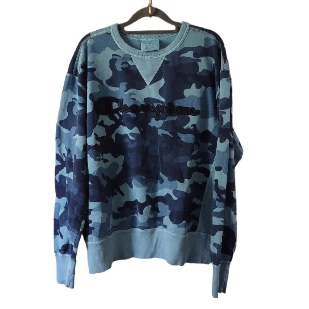Champion Camo Vintage Dye Long Sleeve Sweatshirt Mens Large Pullover Blue Top